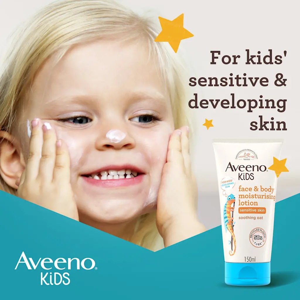 AVEENO® Kids Face & Body Lotion 150ml – Gentle Oat Extract Moisturizer for Kids Sensitive Skin | Yellow Touch